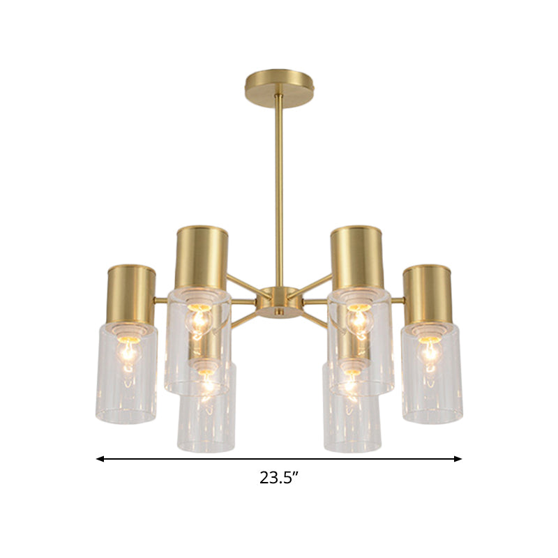 Postmodern Clear Glass Cylinder Chandelier Kit With 6/8/10 Brass Hanging Lamps