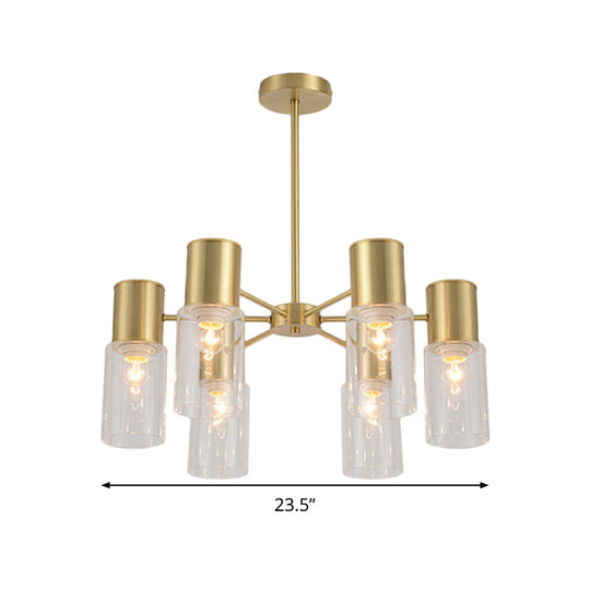 Postmodern Clear Glass Cylinder Chandelier Kit With 6/8/10 Brass Hanging Lamps