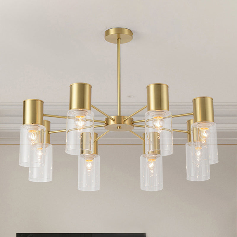 Modern Clear Glass Cylinder Hanging Lamp Kit - 6/8/10 Heads Brass Chandelier Fixture