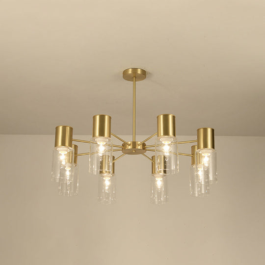Postmodern Clear Glass Cylinder Chandelier Kit With 6/8/10 Brass Hanging Lamps