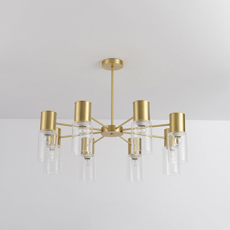 Postmodern Clear Glass Cylinder Chandelier Kit With 6/8/10 Brass Hanging Lamps