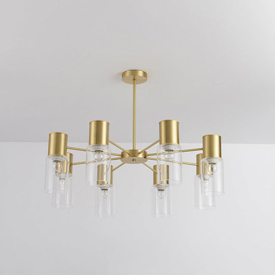 Postmodern Clear Glass Cylinder Chandelier Kit With 6/8/10 Brass Hanging Lamps