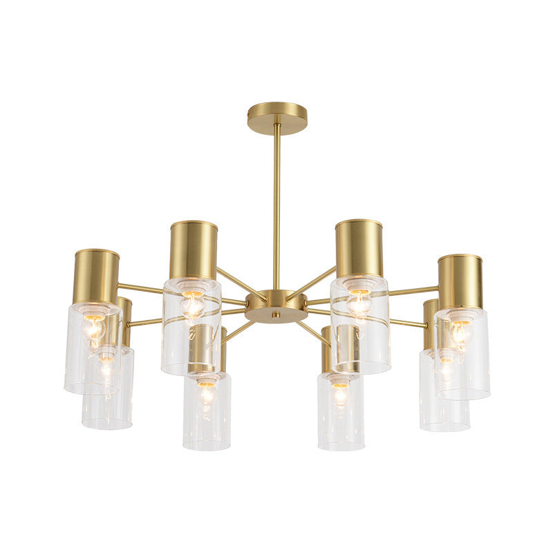 Postmodern Clear Glass Cylinder Chandelier Kit With 6/8/10 Brass Hanging Lamps