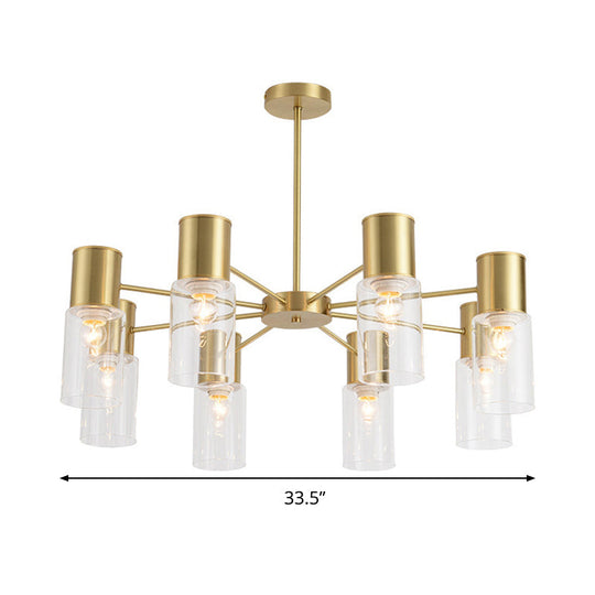 Modern Clear Glass Cylinder Hanging Lamp Kit - 6/8/10 Heads Brass Chandelier Fixture