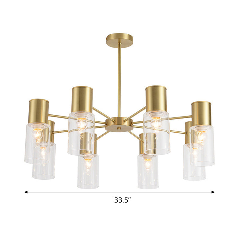 Postmodern Clear Glass Cylinder Chandelier Kit With 6/8/10 Brass Hanging Lamps