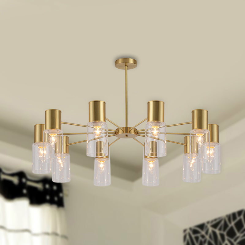 Postmodern Clear Glass Cylinder Chandelier Kit With 6/8/10 Brass Hanging Lamps