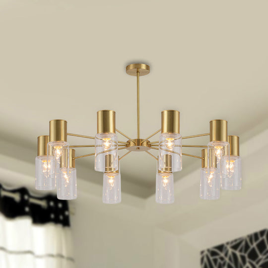 Postmodern Clear Glass Cylinder Chandelier Kit With 6/8/10 Brass Hanging Lamps