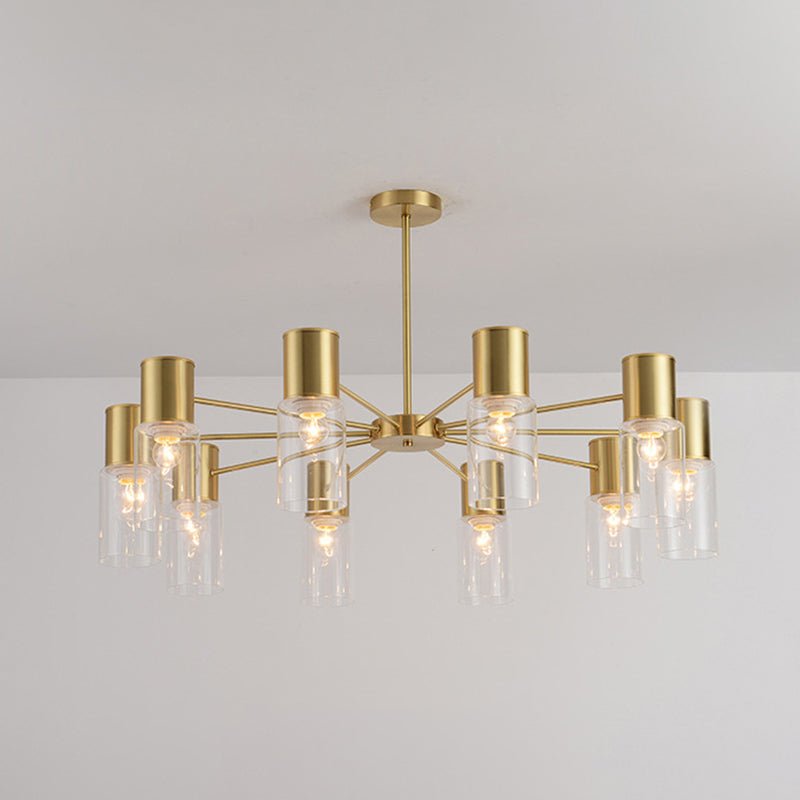 Postmodern Clear Glass Cylinder Chandelier Kit With 6/8/10 Brass Hanging Lamps