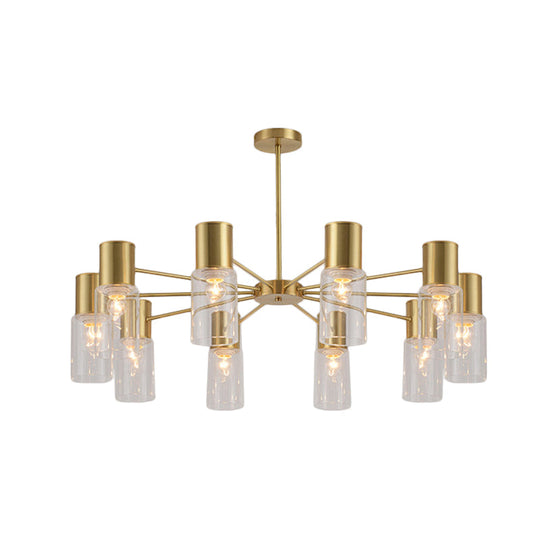 Postmodern Clear Glass Cylinder Chandelier Kit With 6/8/10 Brass Hanging Lamps