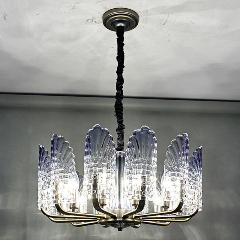 Contemporary Textured Glass Scallop Chandelier Light Fixture - 8/10/12 Black Heads - Hanging Ceiling Light