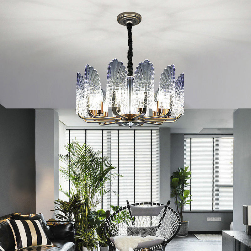 Contemporary Textured Glass Scallop Chandelier Light Fixture - 8/10/12 Black Heads - Hanging Ceiling Light