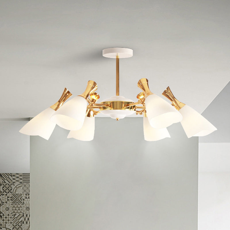 Modern Cone Frosted Glass Hanging Lamp: 6/8 Lights Gold Chandelier Fixture in Warm/White Light
