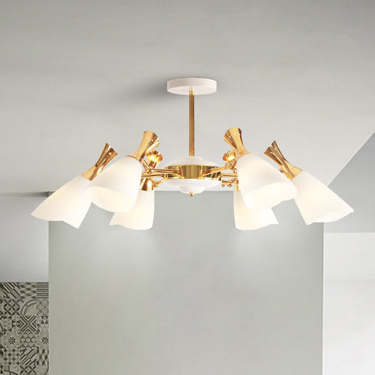 Modern Cone Frosted Glass Hanging Lamp: 6/8 Lights Gold Chandelier Fixture in Warm/White Light