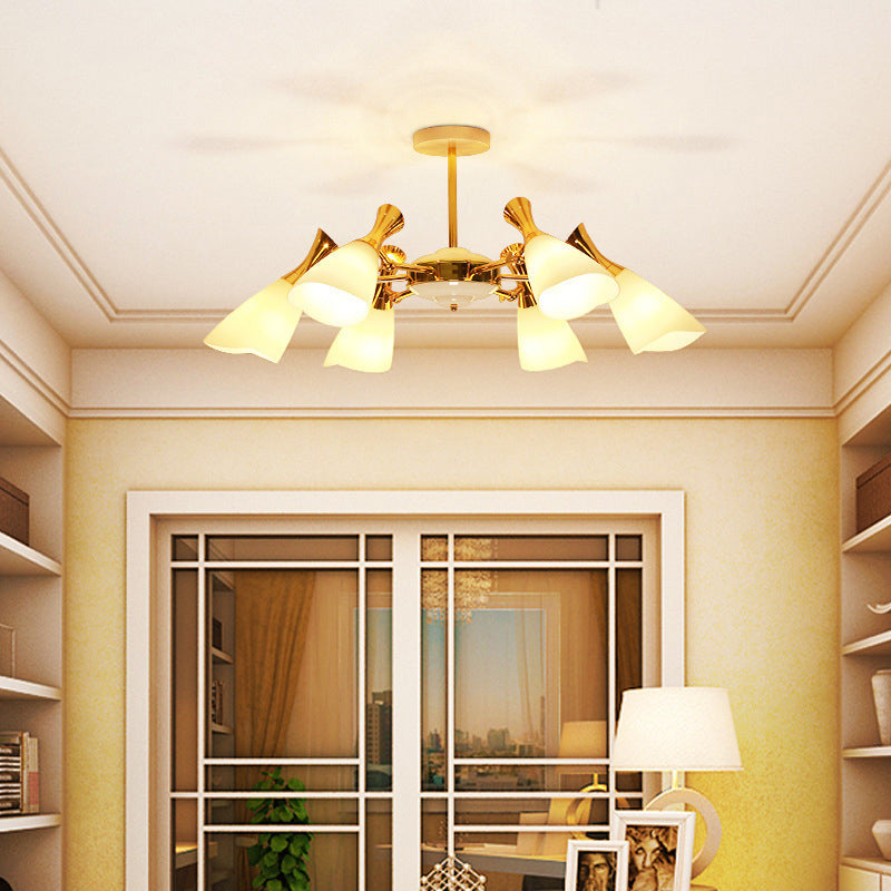 Modern Cone Frosted Glass Hanging Lamp: 6/8 Lights Gold Chandelier Fixture in Warm/White Light