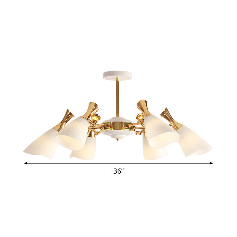 Modern Cone Frosted Glass Hanging Lamp: 6/8 Lights Gold Chandelier Fixture in Warm/White Light