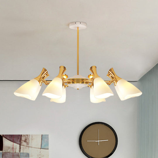 Modern Cone Frosted Glass Hanging Lamp: 6/8 Lights Gold Chandelier Fixture in Warm/White Light