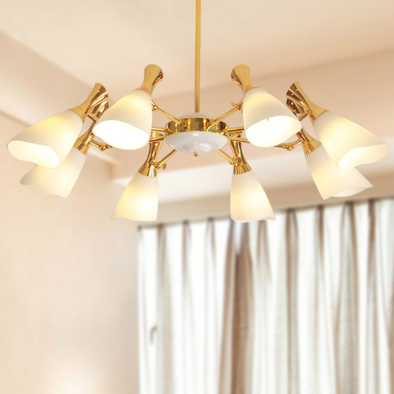 Modern Cone Frosted Glass Hanging Lamp: 6/8 Lights Gold Chandelier Fixture in Warm/White Light