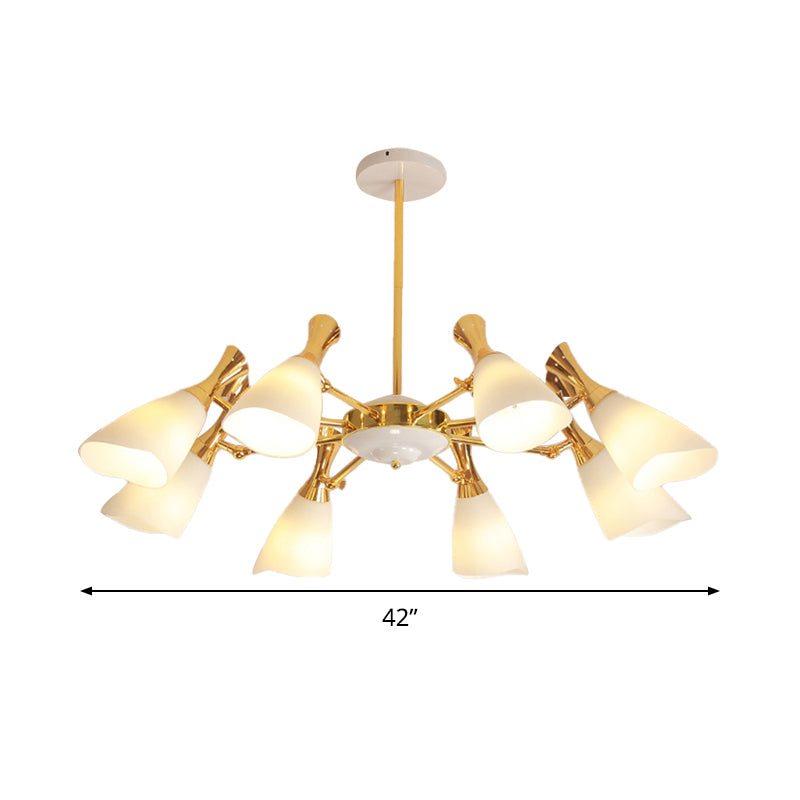Modern Cone Frosted Glass Hanging Lamp: 6/8 Lights Gold Chandelier Fixture in Warm/White Light