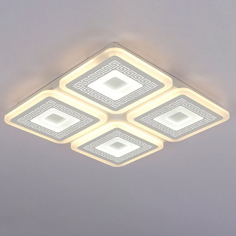 Modern Square Flushmount Acrylic Ceiling Light Fixture - 4 Heads, White - 19.5"/23.5" Wide