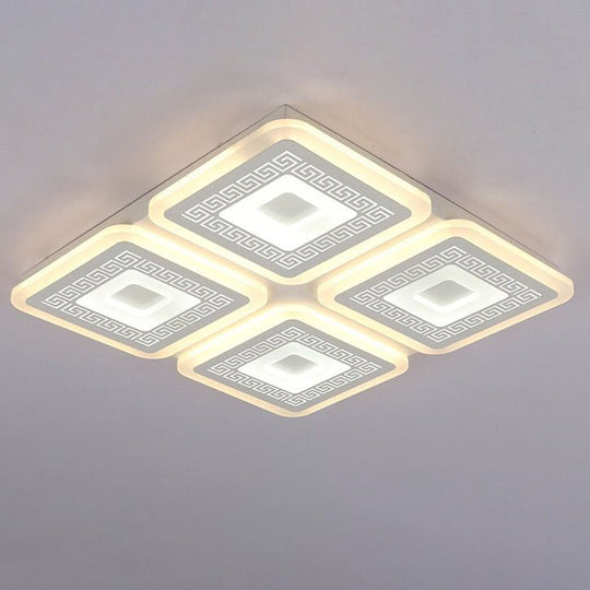 Modern Square Flushmount Acrylic Ceiling Light Fixture - 4 Heads, White - 19.5"/23.5" Wide