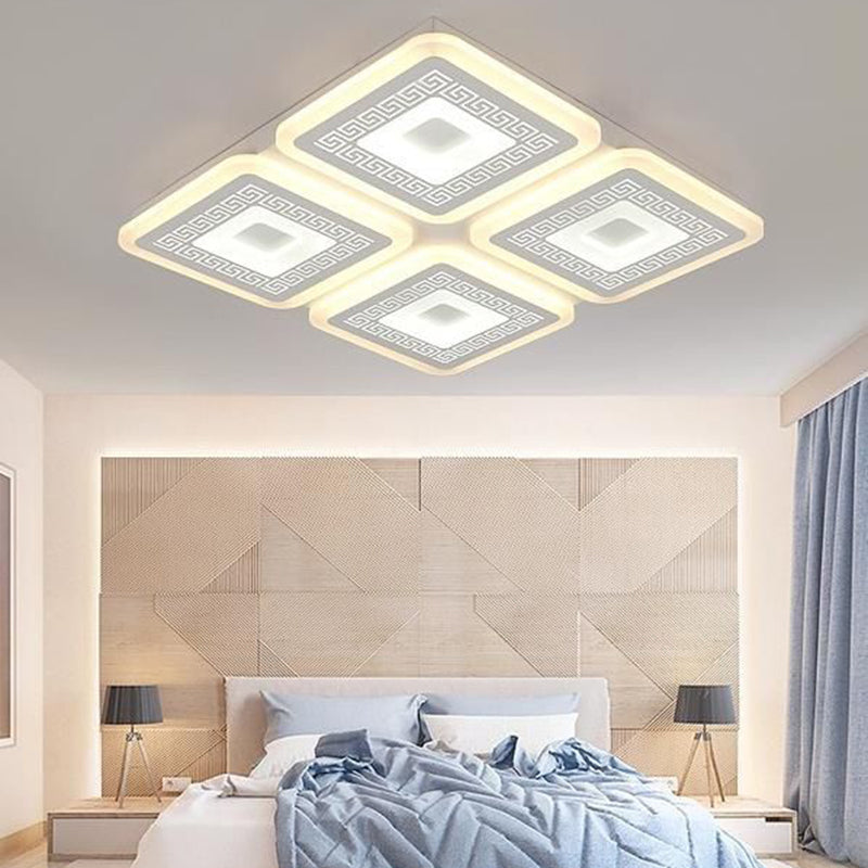 Modern Square Flushmount Acrylic Ceiling Light Fixture - 4 Heads, White - 19.5"/23.5" Wide