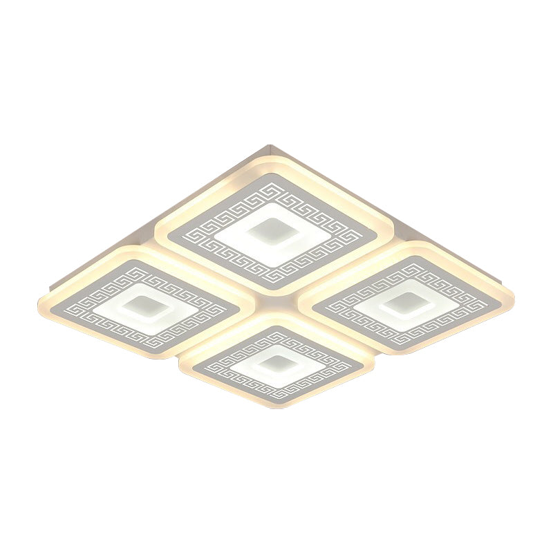 Modern Square Flushmount Acrylic Ceiling Light Fixture - 4 Heads, White - 19.5"/23.5" Wide