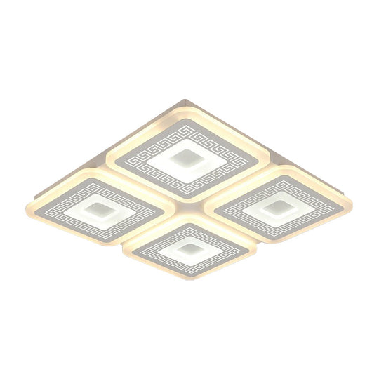 Modern Square Flushmount Acrylic Ceiling Light Fixture - 4 Heads, White - 19.5"/23.5" Wide