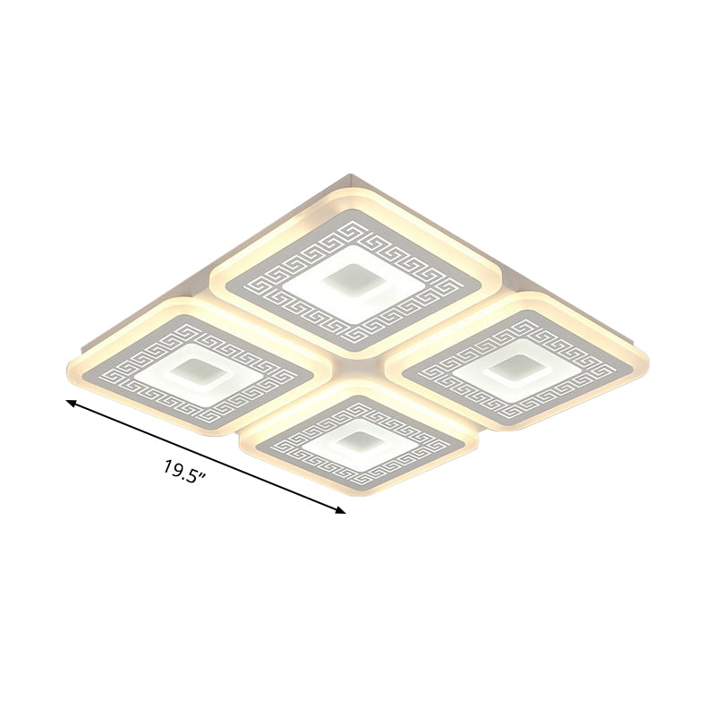 Modern Square Flushmount Acrylic Ceiling Light Fixture - 4 Heads, White - 19.5"/23.5" Wide