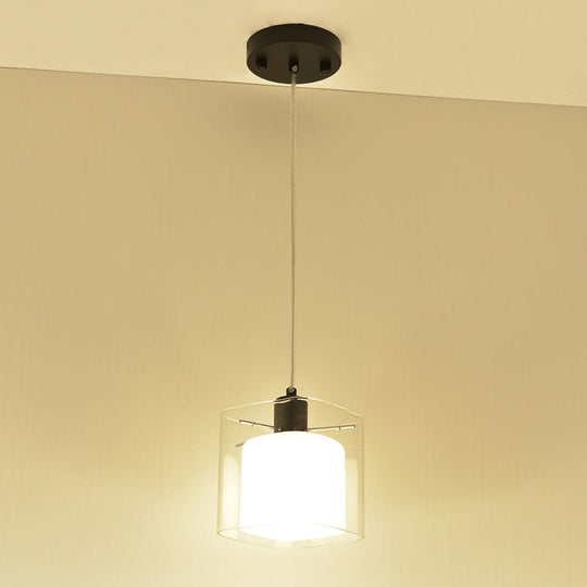 Modern Square Hanging Black Pendant Light Fixture with Clear and White Glass