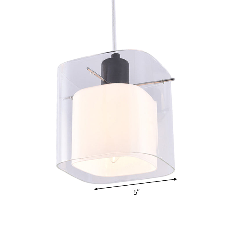 Modern Square Hanging Black Pendant Light Fixture with Clear and White Glass