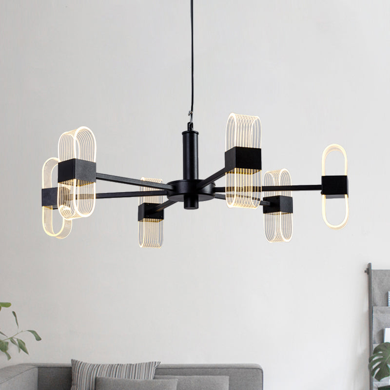 Modern Oval Chandelier Light - Acrylic 6/8/12 Heads Living Room Hanging Lamp with Black Rod - Warm/White Light