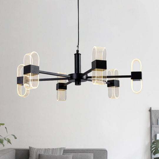 Modern Oval Chandelier Light - Acrylic 6/8/12 Heads Living Room Hanging Lamp with Black Rod - Warm/White Light