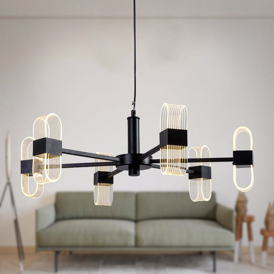 Modern Oval Chandelier Light - Acrylic 6/8/12 Heads Living Room Hanging Lamp with Black Rod - Warm/White Light