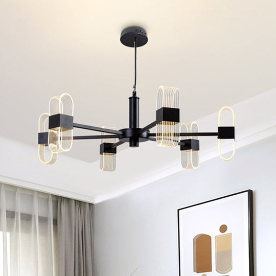 Modern Oval Chandelier Light - Acrylic 6/8/12 Heads Living Room Hanging Lamp with Black Rod - Warm/White Light