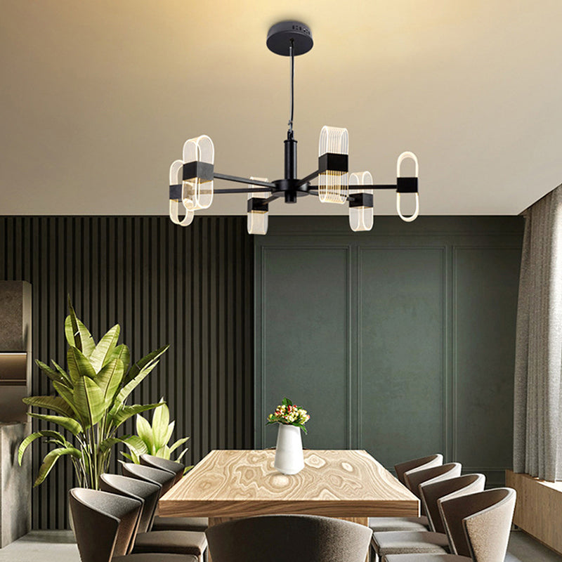Modern Oval Chandelier Light - Acrylic 6/8/12 Heads Living Room Hanging Lamp with Black Rod - Warm/White Light