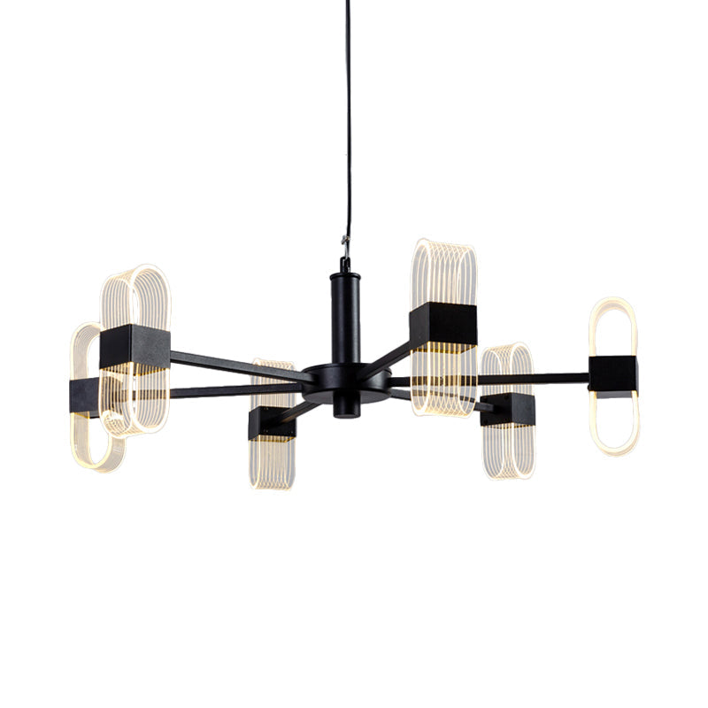 Modern Oval Chandelier Light - Acrylic 6/8/12 Heads Living Room Hanging Lamp with Black Rod - Warm/White Light