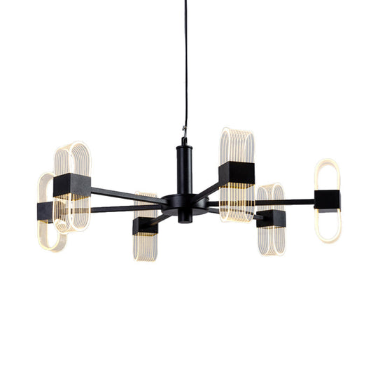 Modern Oval Chandelier Light - Acrylic 6/8/12 Heads Living Room Hanging Lamp with Black Rod - Warm/White Light