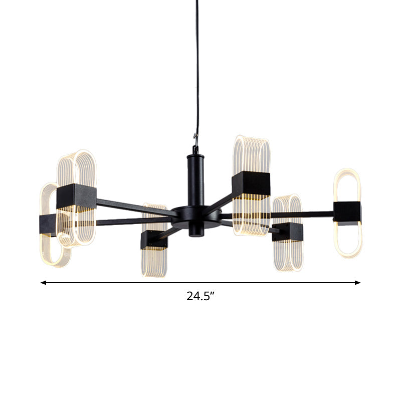 Modern Oval Chandelier Light - Acrylic 6/8/12 Heads Living Room Hanging Lamp with Black Rod - Warm/White Light