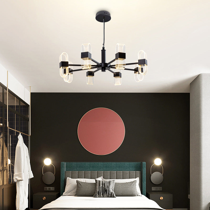 Modern Oval Chandelier Light - Acrylic 6/8/12 Heads Living Room Hanging Lamp with Black Rod - Warm/White Light