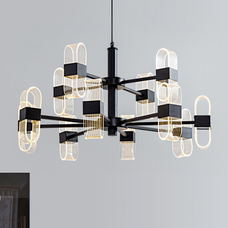 Modern Oval Chandelier Light - Acrylic 6/8/12 Heads Living Room Hanging Lamp with Black Rod - Warm/White Light