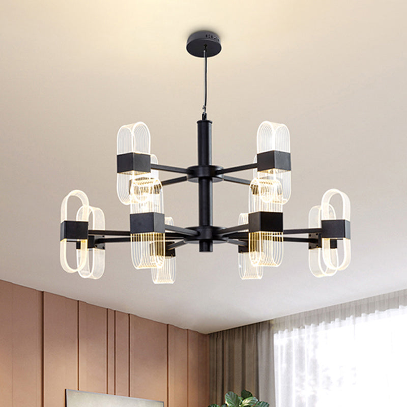 Modern Oval Chandelier Light - Acrylic 6/8/12 Heads Living Room Hanging Lamp with Black Rod - Warm/White Light