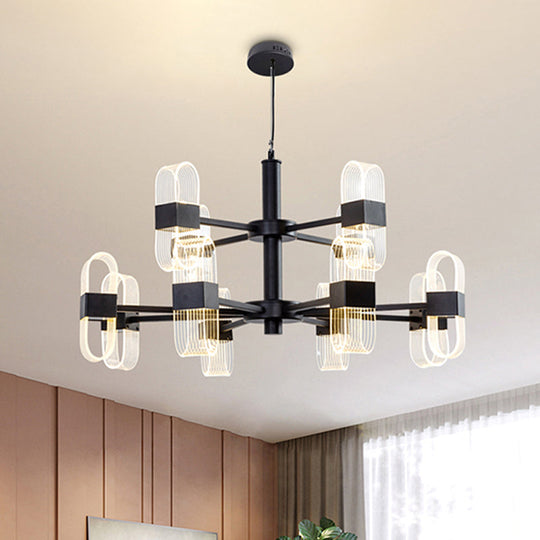 Modern Oval Chandelier Light - Acrylic 6/8/12 Heads Living Room Hanging Lamp with Black Rod - Warm/White Light