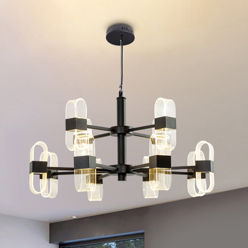Modern Oval Chandelier Light - Acrylic 6/8/12 Heads Living Room Hanging Lamp with Black Rod - Warm/White Light