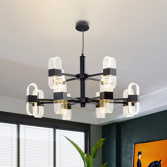 Modern Oval Chandelier Light - Acrylic 6/8/12 Heads Living Room Hanging Lamp with Black Rod - Warm/White Light