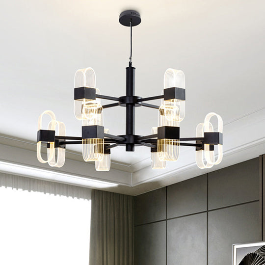 Modern Oval Chandelier Light - Acrylic 6/8/12 Heads Living Room Hanging Lamp with Black Rod - Warm/White Light