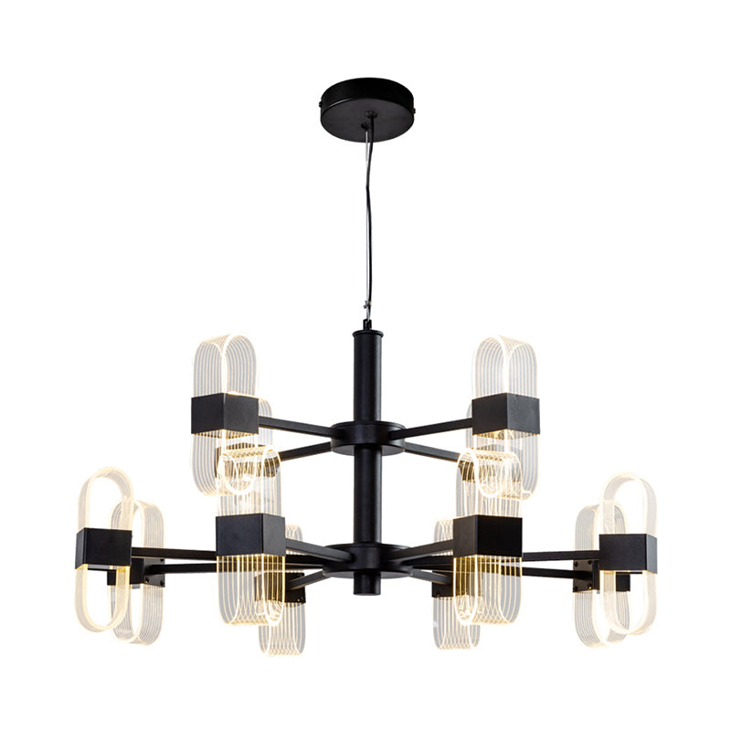 Modern Oval Chandelier Light - Acrylic 6/8/12 Heads Living Room Hanging Lamp with Black Rod - Warm/White Light
