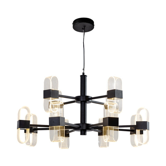 Modern Oval Chandelier Light - Acrylic 6/8/12 Heads Living Room Hanging Lamp with Black Rod - Warm/White Light