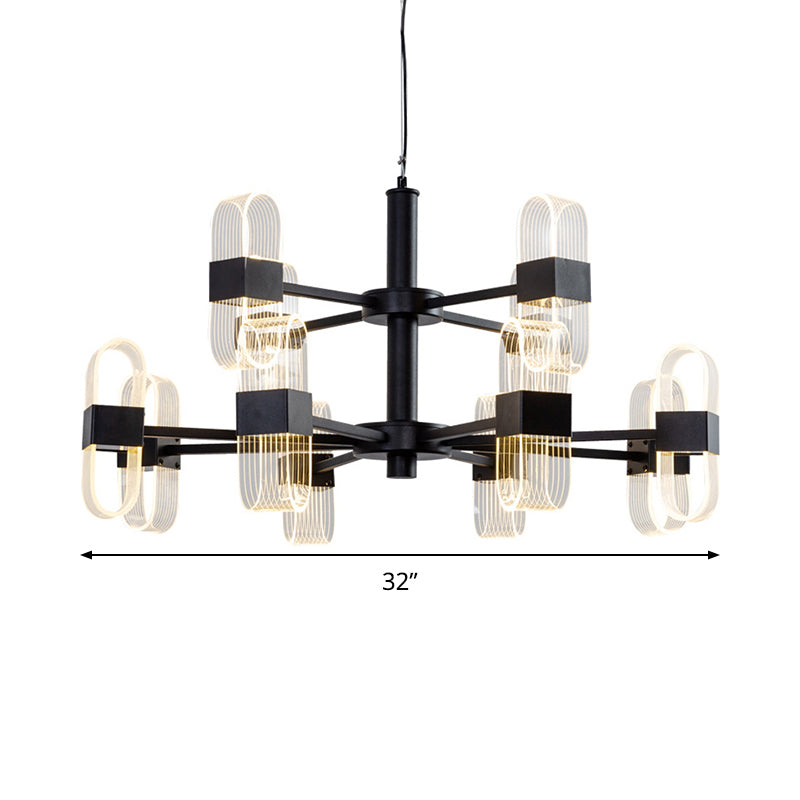Modern Oval Chandelier Light - Acrylic 6/8/12 Heads Living Room Hanging Lamp with Black Rod - Warm/White Light