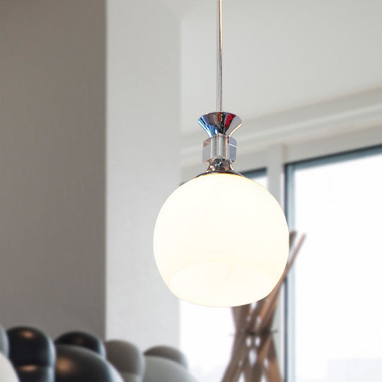 Globe Dining Room Pendant Light In Chrome With White Glass Shade - Modern Suspension Fixture