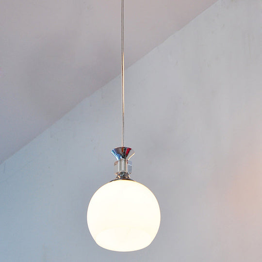 Modern Globe Pendant Light Fixture - White Glass, Chrome Suspension - Dining Room Lighting